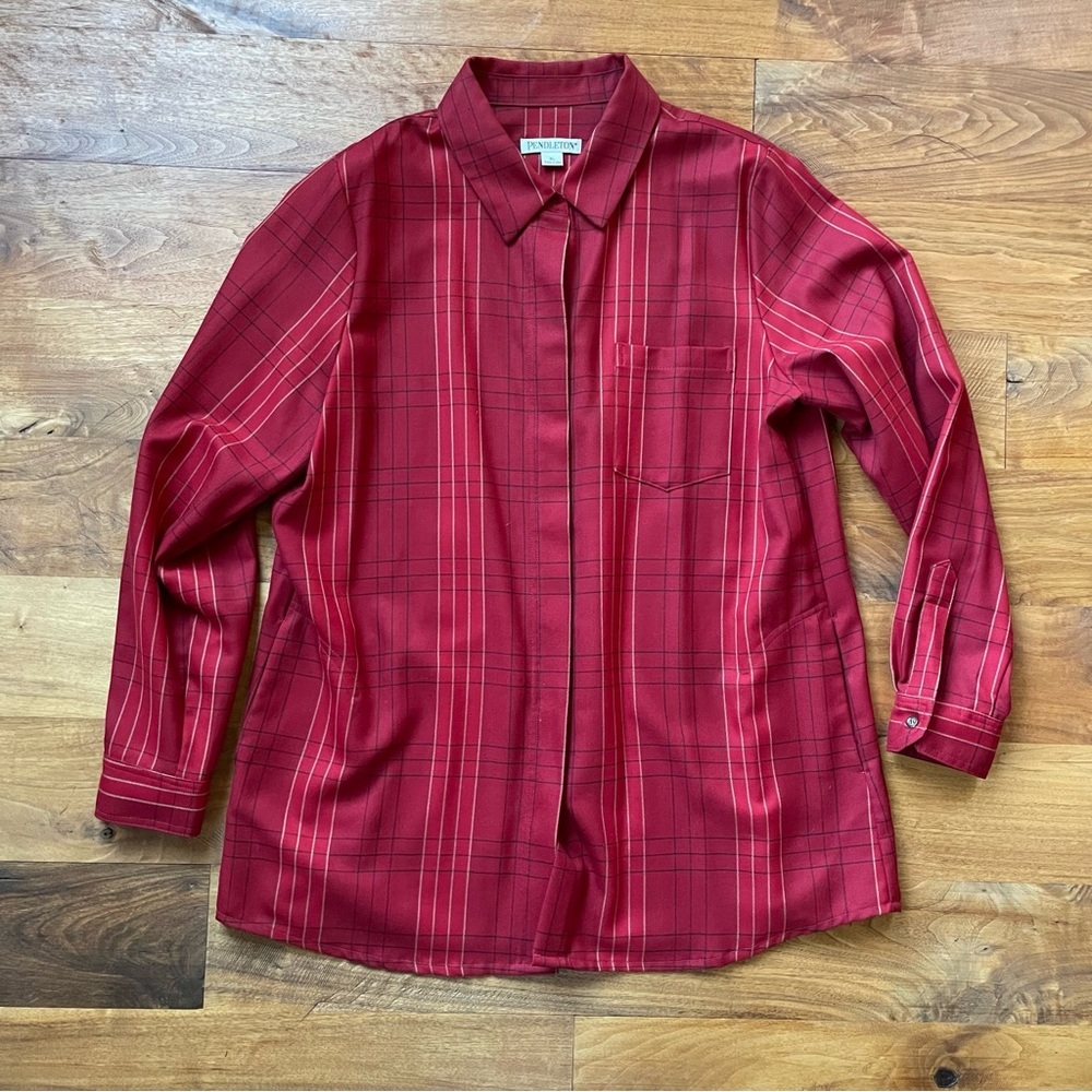 Pendleton Red Checkered Virgin Wool Plaid Button … - image 4